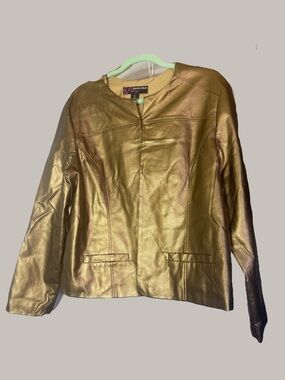 Peck & Peck Metallic Gold Collarless faux Leather Jacket